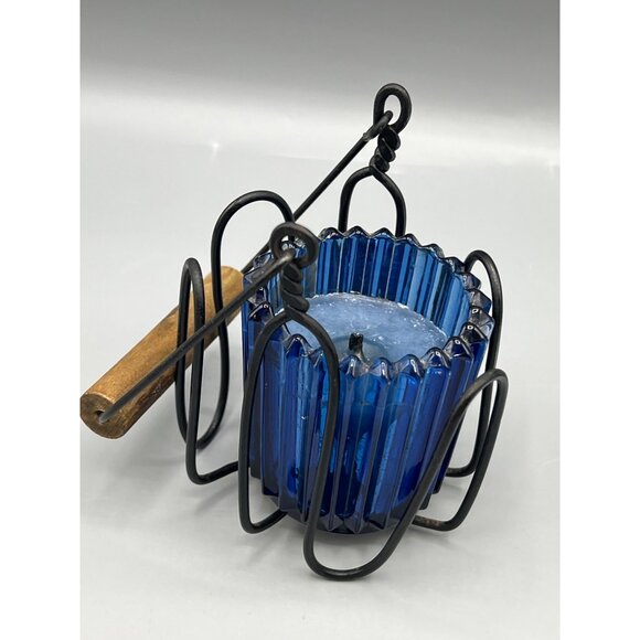 Cobalt Blue Glass Candle Holder With Iron Holder Wood Handle Primitive Look 4.5" - Picture 11 of 15